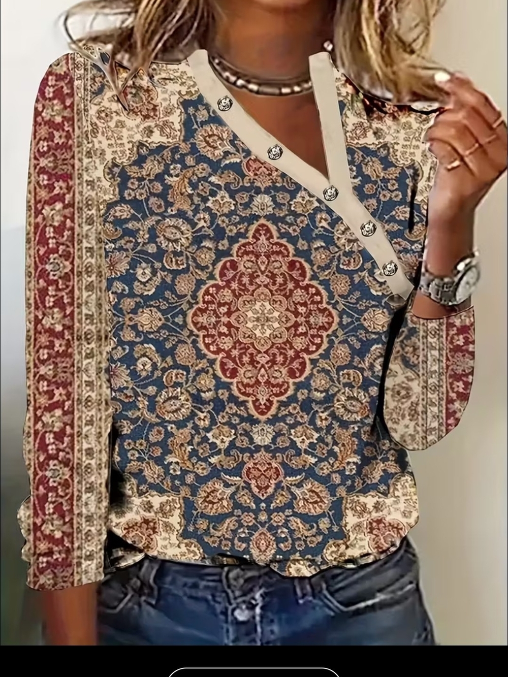 Paisley Medallion V-Neck Tunic Top - Blue & Red